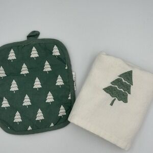 Holiday Time 2 Piece Green‎ & White Christmas Tree Pot Holder & Towel
